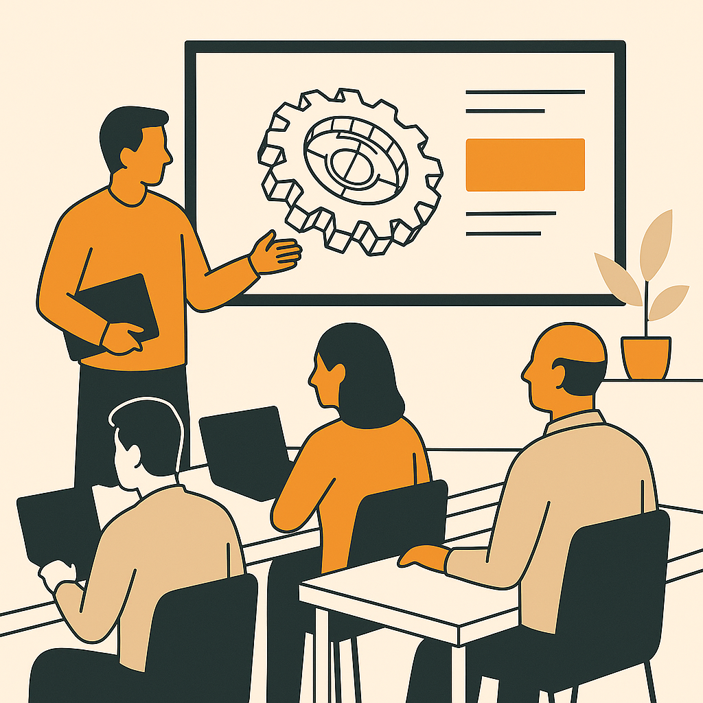 Illustratie van een klaslokaal met CAD-les